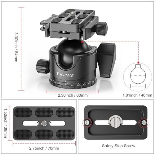 EVUMO EX46L Lever Tripod Ball Head with Stainless Steel Lock Pin, 46mm Low Profile Ball Head Mount with Arca Swiss Quick Release Plate, Compatible with Tripod Monopod DSLR Camera Camcorder Telescope