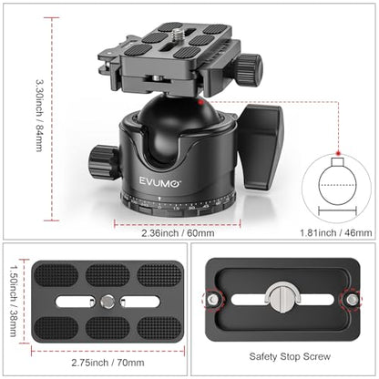 EVUMO EX46L Lever Tripod Ball Head with Stainless Steel Lock Pin, 46mm Low Profile Ball Head Mount with Arca Swiss Quick Release Plate, Compatible with Tripod Monopod DSLR Camera Camcorder Telescope