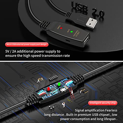 100FT Active USB Extension Cable 2.0 Male to Female with A Extension chipset Signal Booster - Active Extension/Repeate - color: USB 2.0 Extension Cable Black, size: 100FT