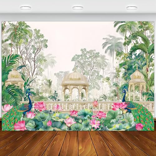 Peacock Lotus Decorations Backdrop, India Wedding Peacock Party Props Banner, Lohari, Housewarming Pooja, Temple Diwali Wall Decor Fabric Photography Background 10X8FT - color: Green, size: 10 X 8 Ft