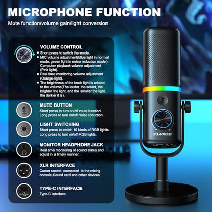 Aokeo Microphone for PC, AK-10 USB/XLR Dynamic Desktop Microphone for Gaming,Podcast,Streaming with RGB Light,Volume Control,Mute Button,Noise Reduction(White) - color: White