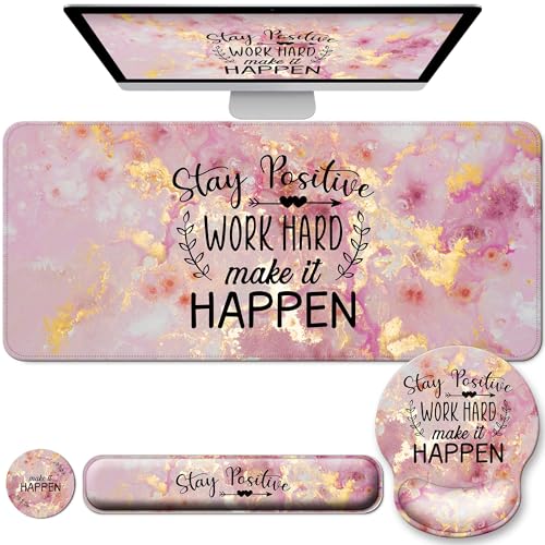Desk Mat Set + Keyboard and Mouse Pad with Wrist Rest Support,4-in-1 Large Mousepad Computer Mats for Desktop Home & Office-Pink Positive - color: C1-Pink Stay Positive