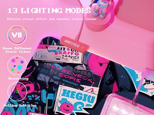 JMIYAV Pink RGB Gaming Mouse Pad 31.5x12 Inch PC XL Large Extended Glowing Led Light Up Desk Pad Non-Slip Rubber Base Computer Cute Mousepad Mat Desk Accessories Gaming Setup 104 - color: Cyber Meow