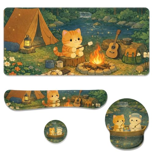 Cute Cat Desk Mat Set Cozy Camping Large Mouse Pad with Wrist Rest 4in1 Desk Mat for Desktop Ergonomic Computer Desk Arm Wrist Anti-Slip Computer Ergonomic Mouse Pad Home Office Gaming - color: Cute Cat