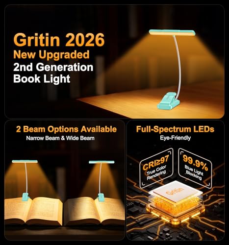 Gritin 2026 Gen 2 Book Light for Reading- 32 Eye Caring Full Spectrum LED | 5 Colors & 5 Brightness, Adjustable Wide/Narrow Beam, Upgrade 1500mAh Long-Lasting Rechargeable Clip on Light-Blue - color: Blue