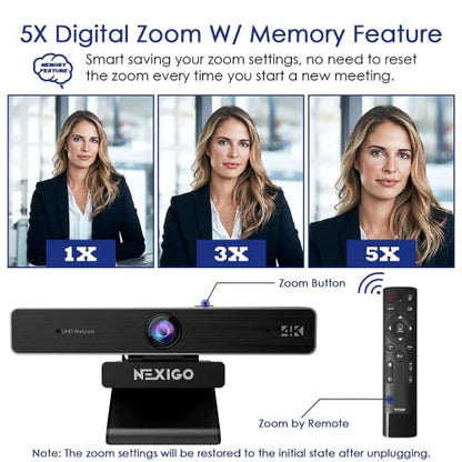 Zoom Certified NexiGo N950P Pro 4K Zoomable Webcam with Remote and Software Control, Sony Starvis Sensor, 5X Digital Zoom, Web Camera with Dual Stereo Mics (Renewed) - style: 4K Webcam w/ Remote
