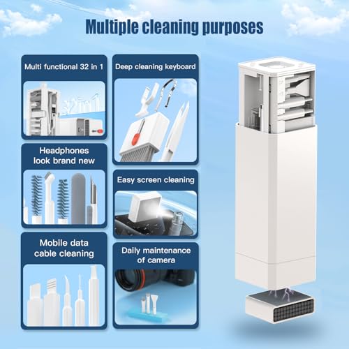 Keyboard Cleaning Kit Laptop Cleaner, 32-in-1 Computer Screen Cleaning Brush Tool, Multi-Function PC Electronic Cleaner Kit for iPad iPhone Pro, Earbuds, Camera Monitor(White) - color: White1