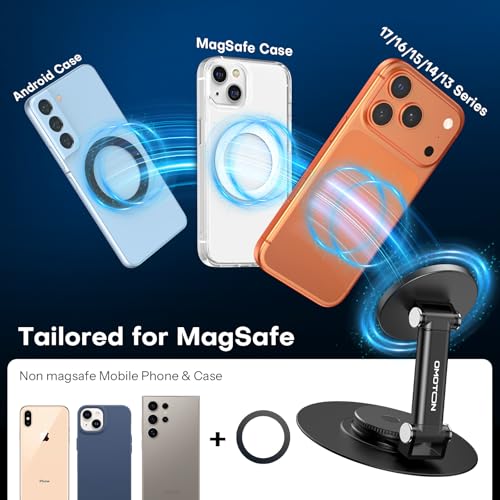 OMOTON MS05 360° Rotating Magnetic Phone Stand for MagSafe, [Height Adjustable] Foldable Cell Phone Stand for Desk, Office Desk Accessories Gift for iPhone 17/16/15 Pro Max Air for PC Gaming Women Men
