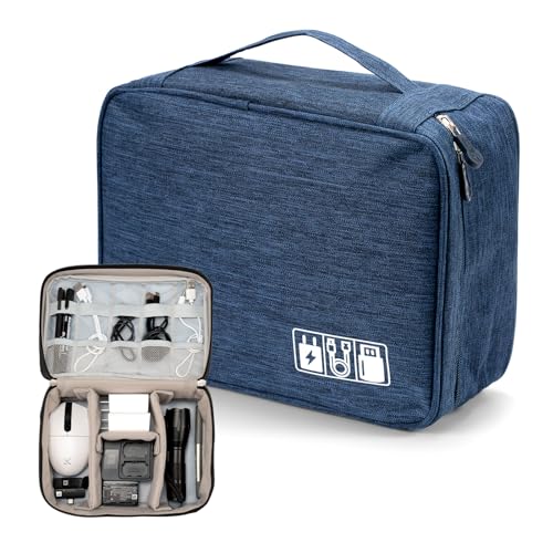 Cable Organizer bag for women or men,Electronic Accessories Carry Case Portable Waterproof Double Layers All-in-One Storage Bag for Cord, Charger, Phone, Earphone (Navy blue) - color: Navy blue