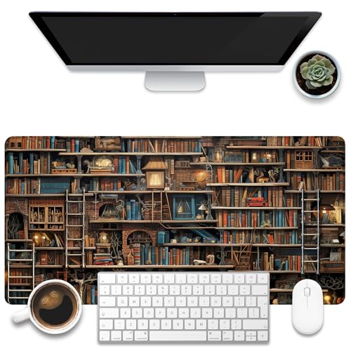 Desk Pad, Fantasy Shelves Desk Mat, Shelves Full of Books Large Gaming Mouse Pad for Desk, 31.5"x15.7" Extended Big Computer Keyboard Mouse Pad with Non-Slip Base and Stitched Edge - color: Fantasy Shelves