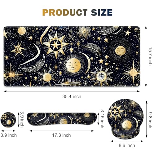 Gaming Mouse Pad, Large Desk Mat, Cute Desk Pad Protector, 4in1 XXL Mousepad + Keyboard Wrist Rest+Mouse Wrist Rest+Coaster Set with Ergonomic Desk Pad for Home Office PC Computer, Stars and Moon - color: Stars and Moon