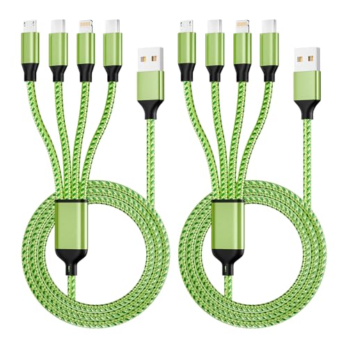 Travel Essentials, Dual Type-C 4 in 1 Charging Cable 2 Pack 5FT Multi Charging Cables for All Devices,iPhone Charger Cord Adapter 2 USB-C/IP/Micro Port for Phones,Pad,Galaxy (Fluorescent green) - color: Fluorescent green