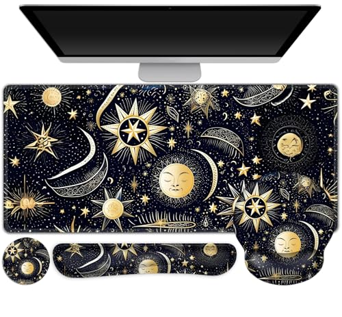 Gaming Mouse Pad, Large Desk Mat, Cute Desk Pad Protector, 4in1 XXL Mousepad + Keyboard Wrist Rest+Mouse Wrist Rest+Coaster Set with Ergonomic Desk Pad for Home Office PC Computer, Stars and Moon - color: Stars and Moon