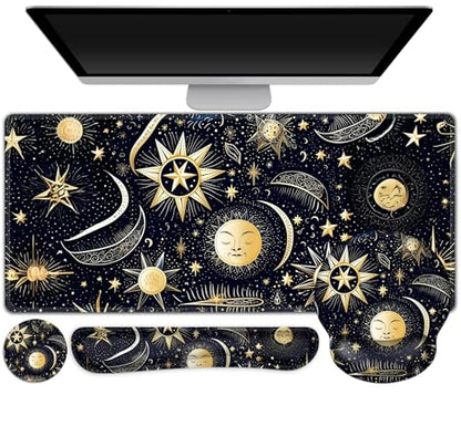 Gaming Mouse Pad, Large Desk Mat, Cute Desk Pad Protector, 4in1 XXL Mousepad + Keyboard Wrist Rest+Mouse Wrist Rest+Coaster Set with Ergonomic Desk Pad for Home Office PC Computer, Stars and Moon - color: Stars and Moon