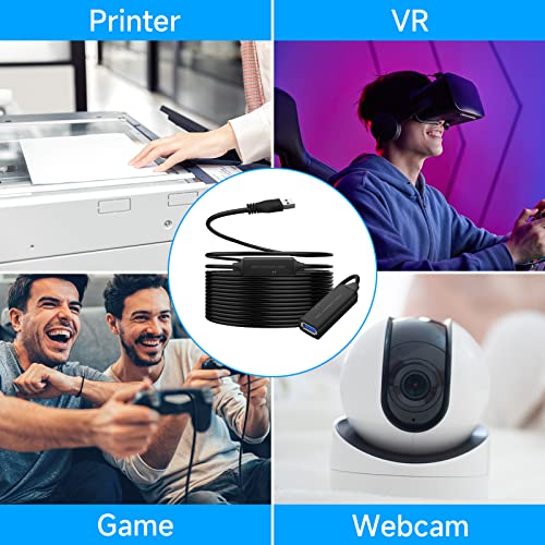 USB 3.0 Active Extension Cable, 32 Feet USB 3.0 Male to Female Extender Cord with 5V 2A Power Adapter, 2 Chipsets Signal Booster for VR, Webcam, Xbox, PS4, Keyboard, Printer, etc