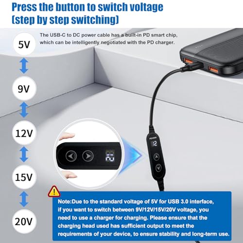 100W USB C to DC power charger with adjustable 5V/9V/12V/15V/20V, with 16 DC adapter heads and LED display screen. USB to DC cable for devices such as tablets,speakers,routers and dc connector (3.9ft) - color: Black-100W with 16 Adapter DC Cable