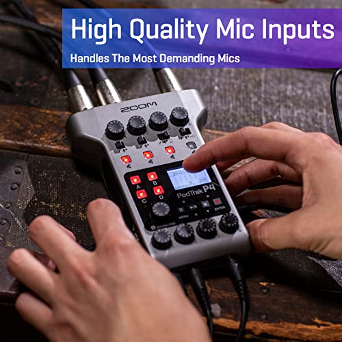 Zoom PodTrak P4 Podcast Recorder with 4 XLR Mic Inputs, 4 Headphone Outputs, Phone & USB Input for Remote Interviews, Sound Pads, 2-In/2-Out USB Audio Interface, Battery Powered