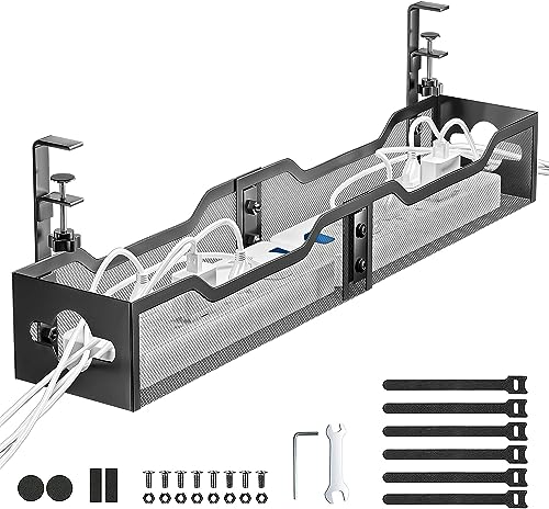 Under Desk Cable Management Tray Black, Litwaro Cable Management Under Desk No Drill, 25'' Cable Tray with Clamp for Wire Management, Cord Organizer for Office, Home - No Damage to Table - color: Black, size: 25"