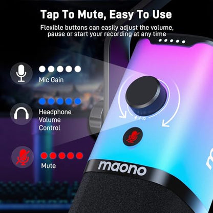 MAONO USB/XLR Podcasting Microphone for PC, Gaming Streaming Dynamic Mic with Mute Button, Software-RGB, Desktop Stand,Computer Mic for Video Studio Recording-PD100X,RGB