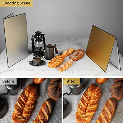 Meking 17x12 Inch 3 in 1 Light Reflector Photography Cardboard, Studio Foldable Light Diffuser Board for Still Life Product and Food Photo Shooting - Gold Silver and Black, White 2 Pack - color: Gold*1+Silver*1
