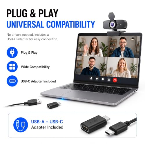 1080P Webcam with Microphone for PC, Full HD USB Computer Camera with Low Light Correction, Wide Angle Web Camera for Streaming, Zoom, Teams, Skype, Plug and Play Webcam for Laptop Desktop Mac