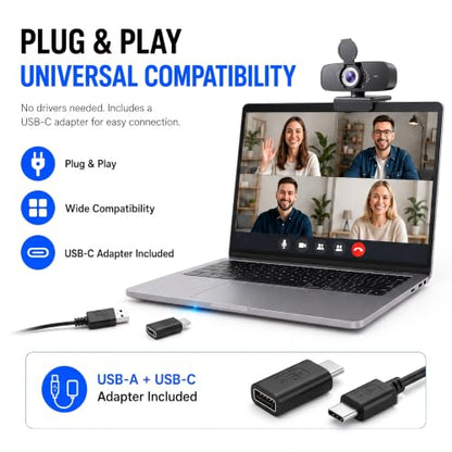 1080P Webcam with Microphone for PC, Full HD USB Computer Camera with Low Light Correction, Wide Angle Web Camera for Streaming, Zoom, Teams, Skype, Plug and Play Webcam for Laptop Desktop Mac