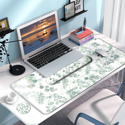 Desk Mat Set + Keyboard and Mouse Pad with Wrist Rest Support,4-in-1 Large Mousepad Computer Mats for Desktop Home & Office -Eucalyptus - color: V-Eucalyptus