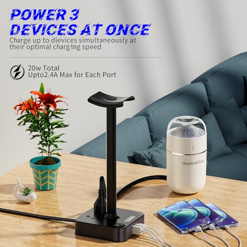 COZOO Headphone Stand with USB Charger Desktop Gaming Headset Holder Hanger with 3 USB Charging Station and 2 Outlets Power Strip,Suitable for Gaming, DJ,Wireless Earphone Display, Gamer Gifts for Men - color: 1.Black(PD & QC3.0)