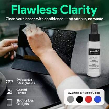 Sparkle Anti-Reflective Lens Cleaner Spray kit | (2x) 1oz Glasses Cleaner Bottle + (2x) Microfiber Cloth for Eyeglasses, Sunglasses, Lenses, Screens and Camera Cleaning Kit (4 Piece Set)