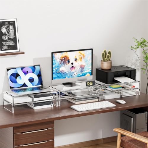 Egchi Acrylic Monitor Stand Riser, 2 Tier Clear Computer Monitor Stand for Home Office Business, PC Desk Stand Monitor Riser for Keyboard Storage, Laptop, Printer and TV Screen -12x7.2x5.12 inches - size: 12''x7.3''x5.12''-2 Tiers