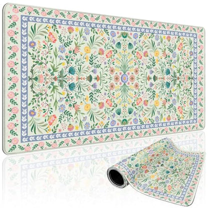 Green Floral Desk Mat, 31.5"x15.7" Large Mouse Pad, Anti-Slip Rubber Base Keyboard Pad with Stitched Edges, Water-Resistant Smooth Desk Blotter, Computer Mat for Home Office Desk - color: Green Floral