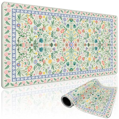 Green Floral Desk Mat, 31.5"x15.7" Large Mouse Pad, Anti-Slip Rubber Base Keyboard Pad with Stitched Edges, Water-Resistant Smooth Desk Blotter, Computer Mat for Home Office Desk - color: Green Floral