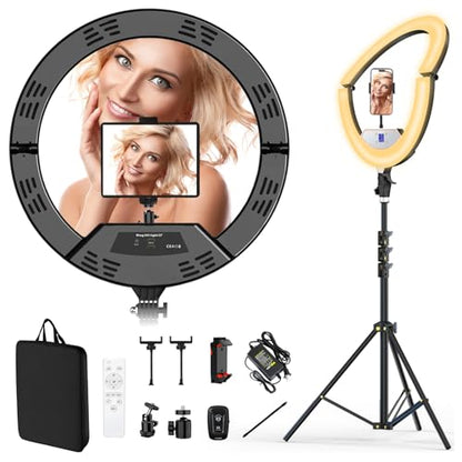 22" Large Ring Light with Stand,Foldable LED Big Ring Light Tripod for iPhone Phone Ipad, 75" Tall Tripod Touch Screen,Wireless Remote for Live Stream,YouTube,TikTok Video Shooting - color: Black