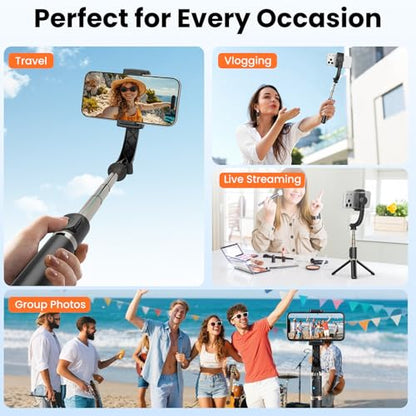 Gimbal Stabilizer for Smartphone, 1-Axis Auto Balance Handheld Gimbal, 360° Rotating Extendable Selfie Stick Tripod, Wireless Remote Control for iPhone Android Travel Vlogging TikTok YouTube