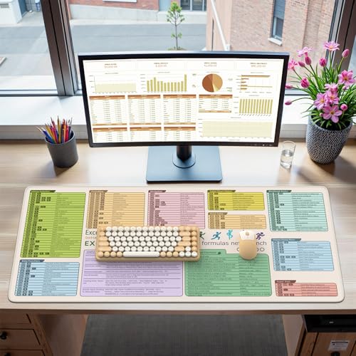 iCasso Excell Cheat Sheet Desk Mat, Excel Mouse Pad Shortcuts, Extended Large XXL Non-Slip Exel Mousepad with Stitched Edges,Keyboard Mats for Desktop Protector - color: Beige