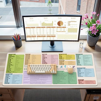 iCasso Excell Cheat Sheet Desk Mat, Excel Mouse Pad Shortcuts, Extended Large XXL Non-Slip Exel Mousepad with Stitched Edges,Keyboard Mats for Desktop Protector - color: Beige