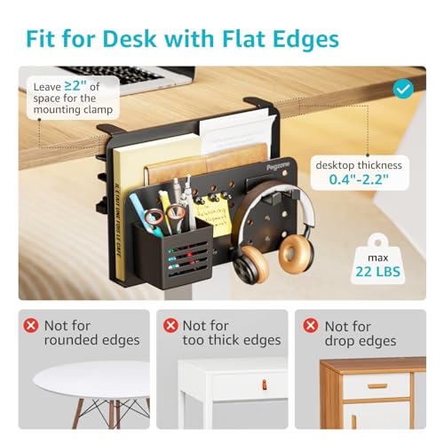 PEGZONE Desk Side Storage Organizer, No Drill Under Desk Laptop Holder, Clamp on Desks Shelf with Pegboard Accessories, Hanging Laptop Mount, Fits Flat Edge 0.4" to 2.2", Black - color: Black