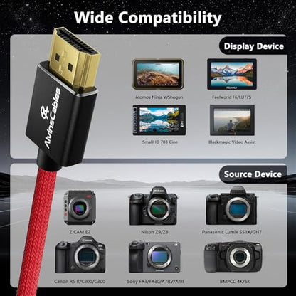 Alvin's Cables 8K 2.1 HDMI High Speed Braided Coiled Cable Left Angle to Right Angle for Atomos Ninja V, Portkeys BM5, for Feelworld Monitor, for Canon C300, Z CAM E2, Sony FS5| FS7| A7S3 Cameras Red