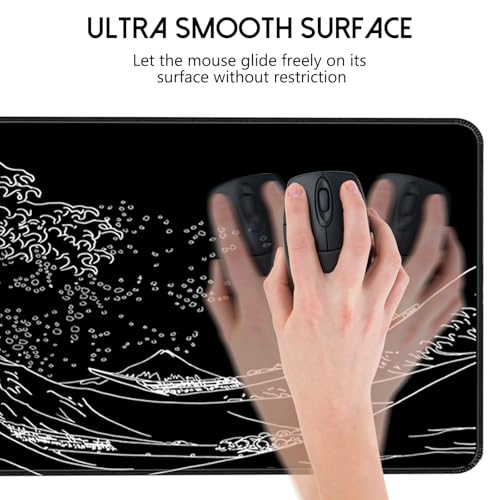 Gaming Mouse Pad Black Mouse Pad Japanese Kanagawa Large Mousepad Non-Slip Rubber Base with Stitched Edges for Gaming Office Home, 31.5x11.8 Inch - color: Sea Wave, size: 31.5L x 11.8W inches