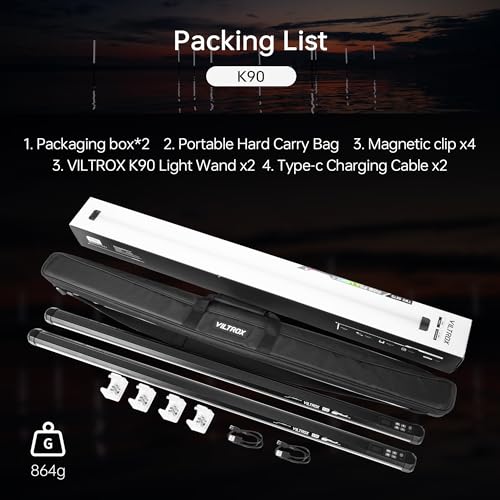 VILTROX K90 2 Pack RGB Tube Light, 30W 38inch Large RGBWY Photography LED Video Stick Light Wand with APP/2.4G/Remote Control, CRI 97+, 26 Scenes, 2500K-8500K, 14.8V/3300mAh Battery, Magnetic Chip