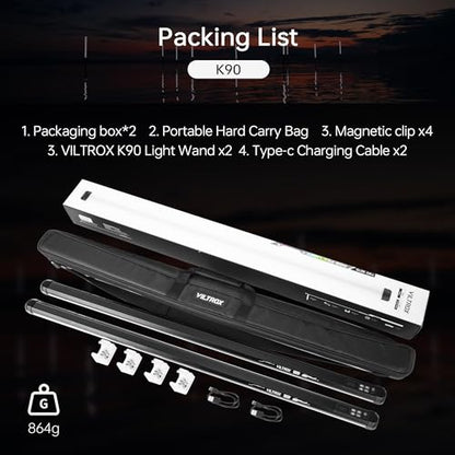 VILTROX K90 2 Pack RGB Tube Light, 30W 38inch Large RGBWY Photography LED Video Stick Light Wand with APP/2.4G/Remote Control, CRI 97+, 26 Scenes, 2500K-8500K, 14.8V/3300mAh Battery, Magnetic Chip
