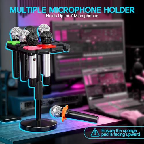 Multi Microphone Holder with Desktop Mic Stand, Square Tray with Cable Slots Holds Up to 7 Mics, Wired and Wireless Mic Holder for Stage Organizer and Display-7 Anti-roll Rings Included