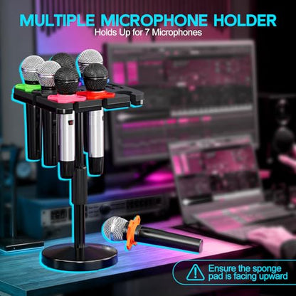 Multi Microphone Holder with Desktop Mic Stand, Square Tray with Cable Slots Holds Up to 7 Mics, Wired and Wireless Mic Holder for Stage Organizer and Display-7 Anti-roll Rings Included