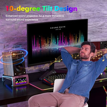 Desktop RGB Tilt Speaker Stands with Dynamic LED Spectrum Analyzer-Vibration Absorption Pad-Small and Medium Bookshelf/Computer Speakers – Adjustable Light Modes Music Spectrum