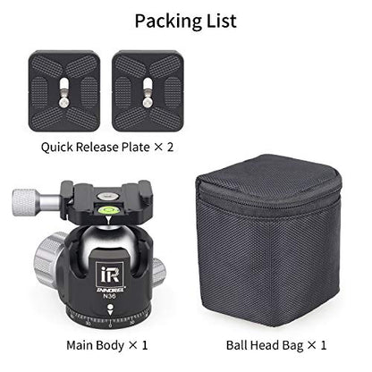 Low Profile Tripod Ball Head-INNOREL N36, Panoramic CNC Metal Camera Tripod Ball Head with Two 1/4" Screw Arca Swiss Quick Release Plates for Tripod,Monopod,DSLR,Camcorder, Max Load 44lbs/20kg - size: N36-Sliver