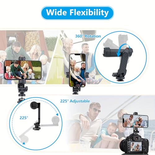 Dual Cold Shoe Phone Mount Holder — Universal Adjustable Smartphone Clamp with Dual Cold Shoe Mounts for Microphone & LED Light, 360° Rotating Ball Head, 1/4"-20 Tripod Screw Compatible