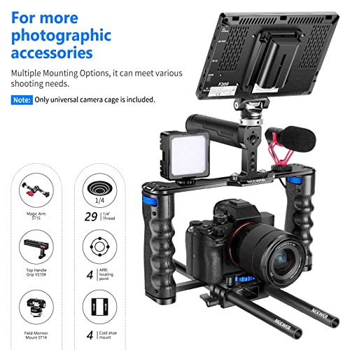 NEEWER Aluminum Alloy Camera Cage, Filmmaking Rig with Top Handle, Dual Grips & Arca Type Base, Compatible with Sony A7S III A7IV A6600 Canon EOS R5C R5 R6 DSLR/Mirrorless Cameras - VS107, Blue - style: VS107 Blue