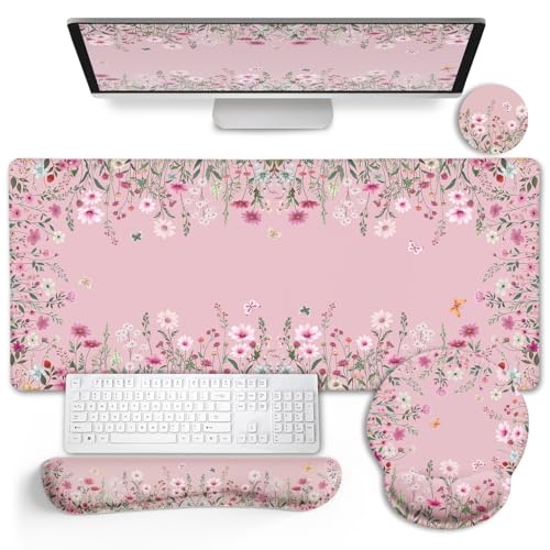 LIMKRIAN Floral Desk Mat Set, Cute Pink Desk Accessories Gifts for Women | Mouse Pad with Gel Wrist Rest, XXL Large Desk Pad, Ergonomic Keyboard Wrist Support, Stitched Edges, Cup Coaster, Desk Decor - color: Floral-pink