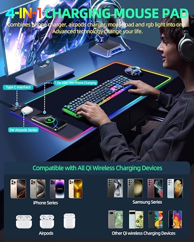 Wireless Charging Mouse Pad, RGB Gaming Mousepad, 31.5"x15.7" Extra Large Desk Pad, 13 Light Modes, Ultra-Smooth Surface, Non-Slip Base, Waterproof Computer Keyboard Mat for MacBook, PC, Laptop, Black - color: Black