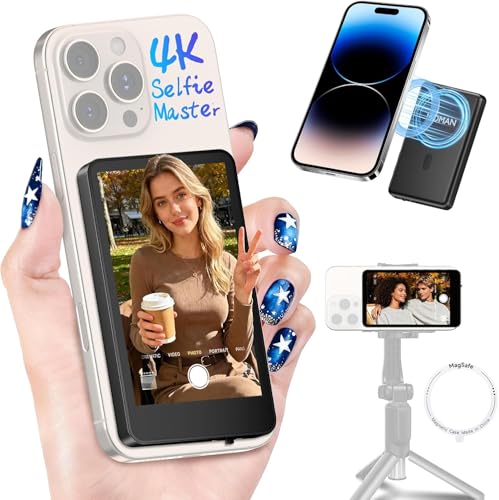Moman Snap Selfie Monitor Screen for iPhone 7-17 Series, 4K 60fps & Encrypted Private P2P Wireless, Magnetic Back Camera Monitor iPhone, 164 ft Range for TikTok, YouTube, Photo & Video Kits, Black - color: Black